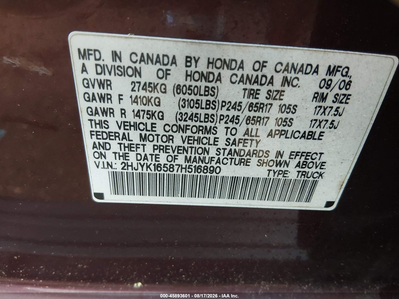 2HJYK16587H****** · 2007 HONDA RIDGELINE RTL · 9/11