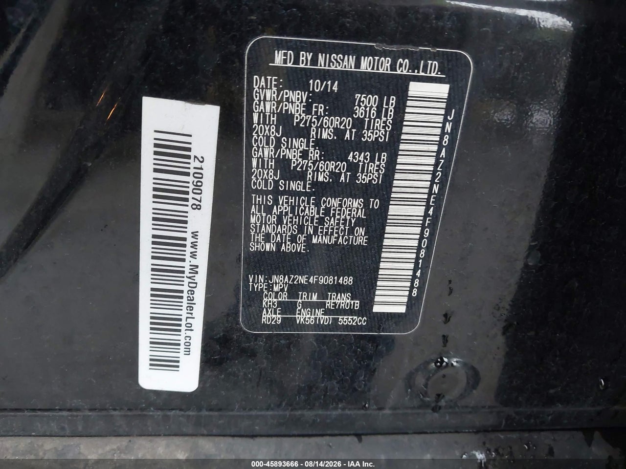 JN8AZ2NE4F9****** · 2015 INFINITI QX80   · 9/11