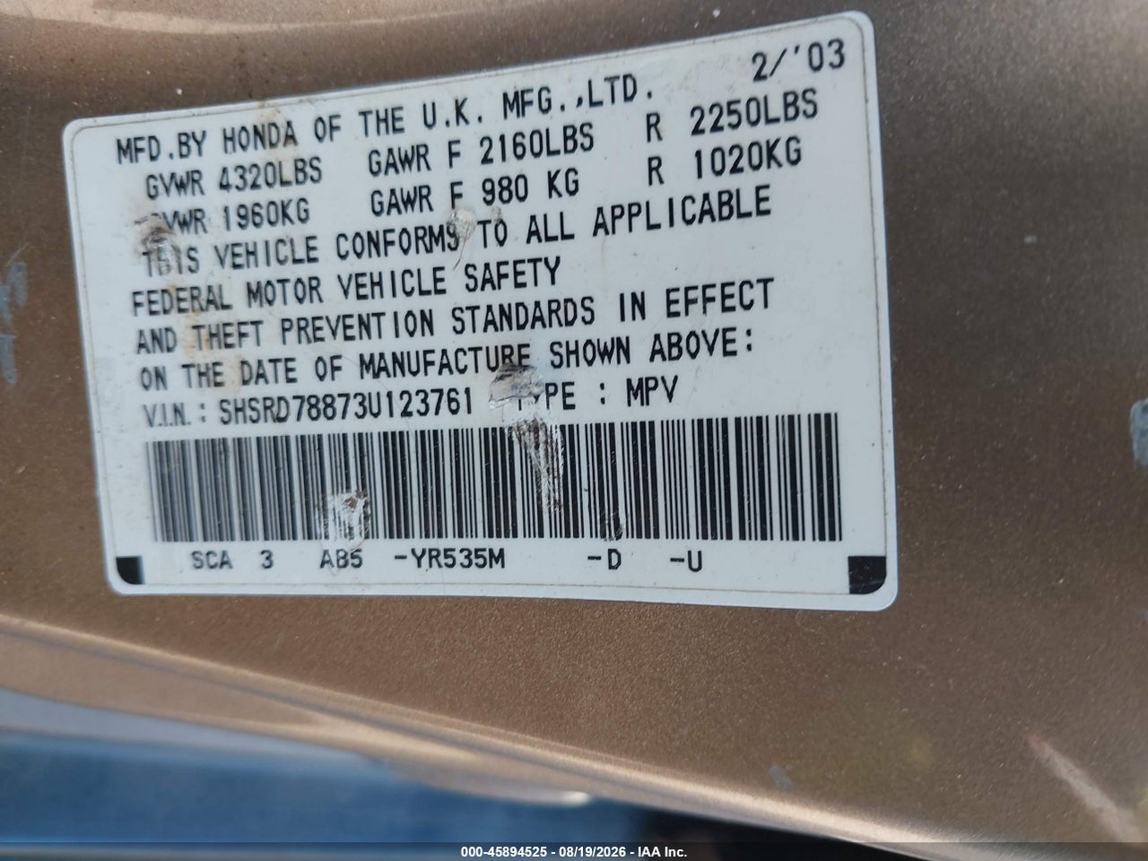 SHSRD78873U****** · 2003 HONDA CR-V EX · 9/11