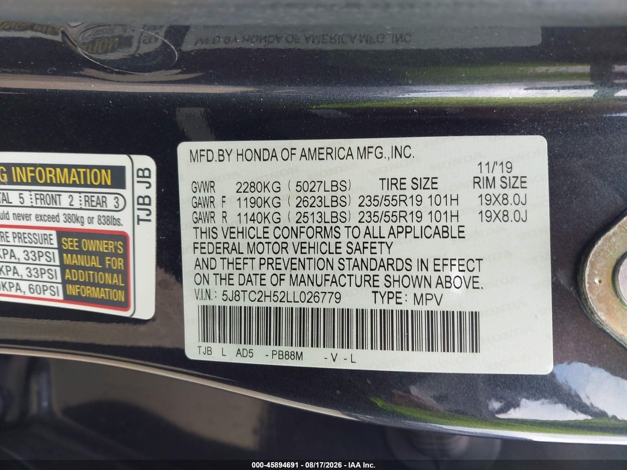 5J8TC2H52LL****** · 2020 ACURA RDX TECHNOLOGY PACKAGE · 9/11