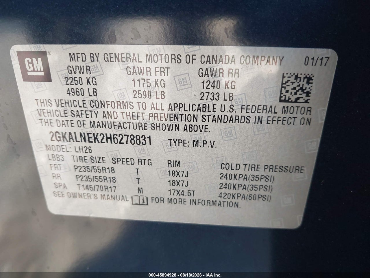 2GKALNEK2H6****** · 2017 GMC TERRAIN SLE-2 · 9/11
