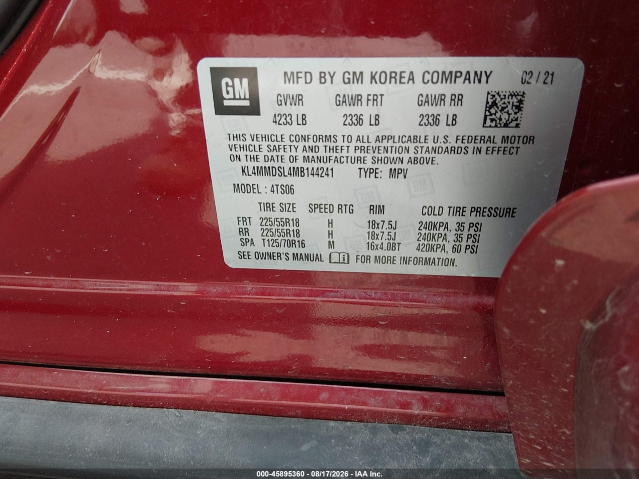 KL4MMDSL4MB****** · 2021 BUICK ENCORE GX FWD SELECT · 9/11
