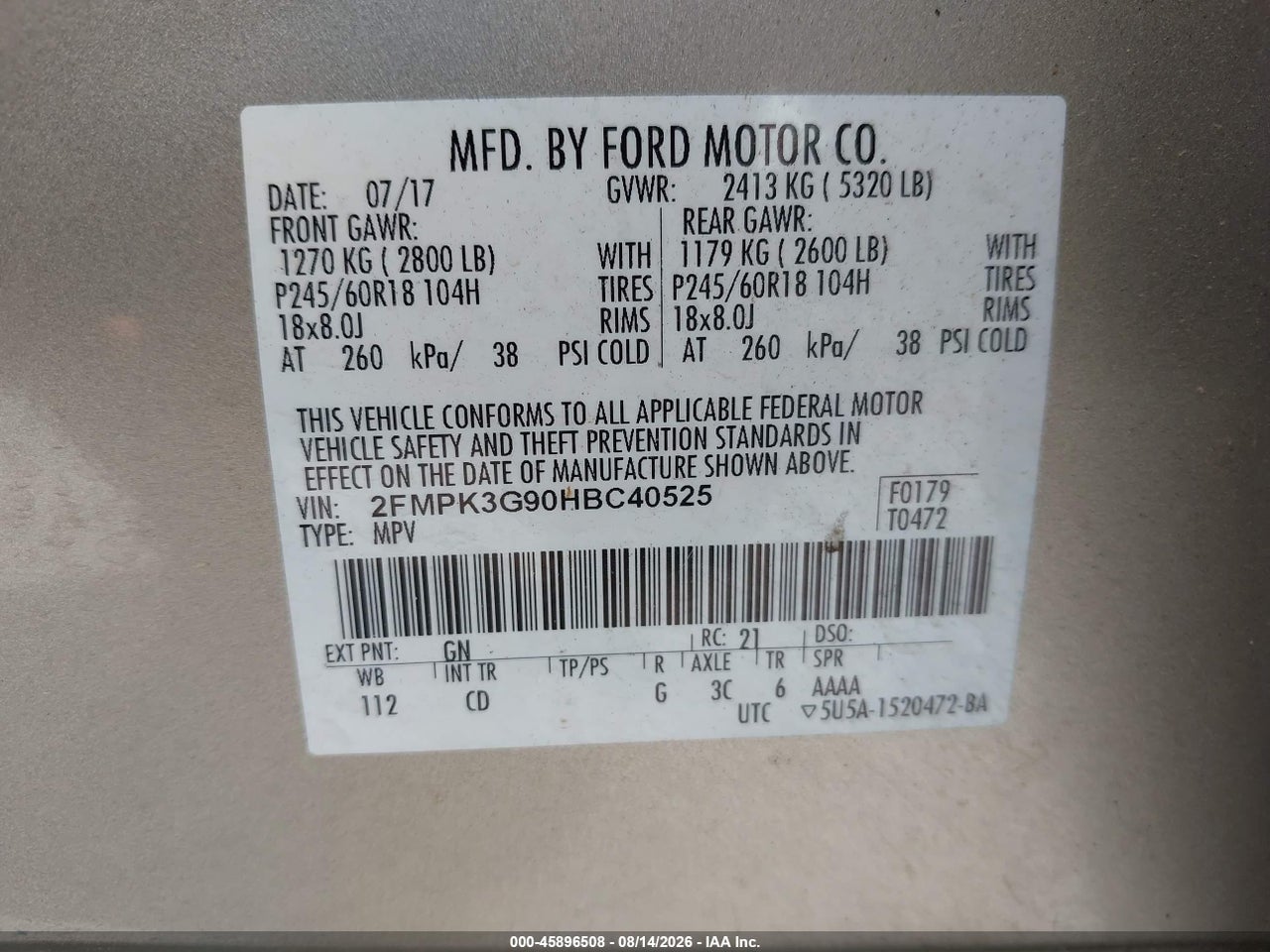 2FMPK3G90HB****** · 2017 FORD EDGE SE · 9/11