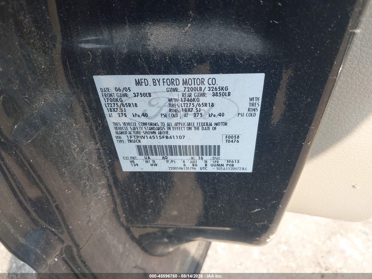 1FTPW14515F****** · 2005 FORD F-150 FX4/LARIAT/XLT · 9/11