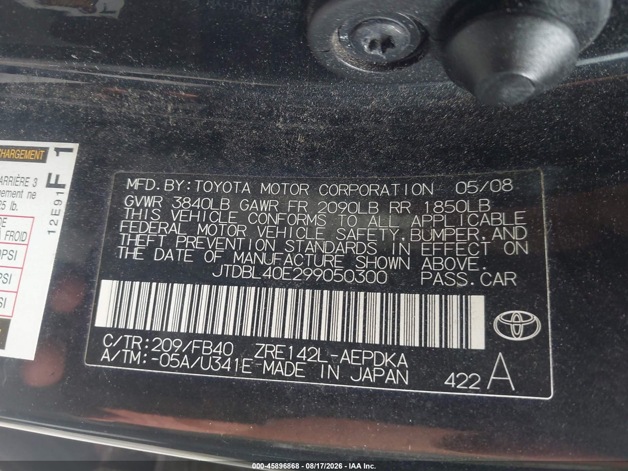 JTDBL40E299****** · 2009 TOYOTA COROLLA LE · 9/11