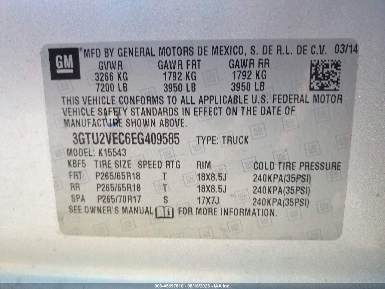 3GTU2VEC6EG****** · 2014 GMC SIERRA 1500 SLT · 9/11