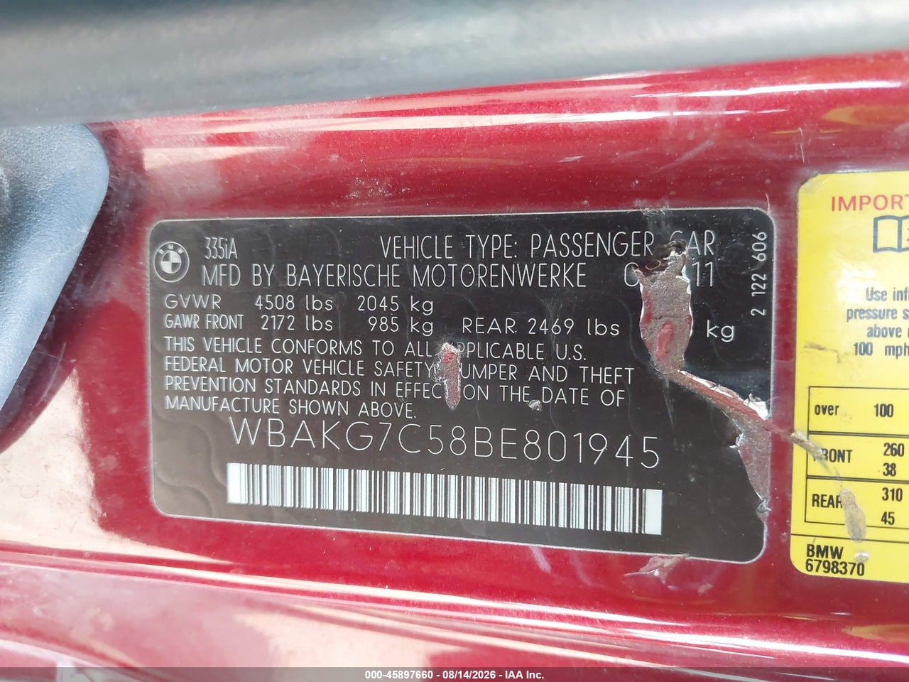 WBAKG7C58BE****** · 2011 BMW 335I · 9/11