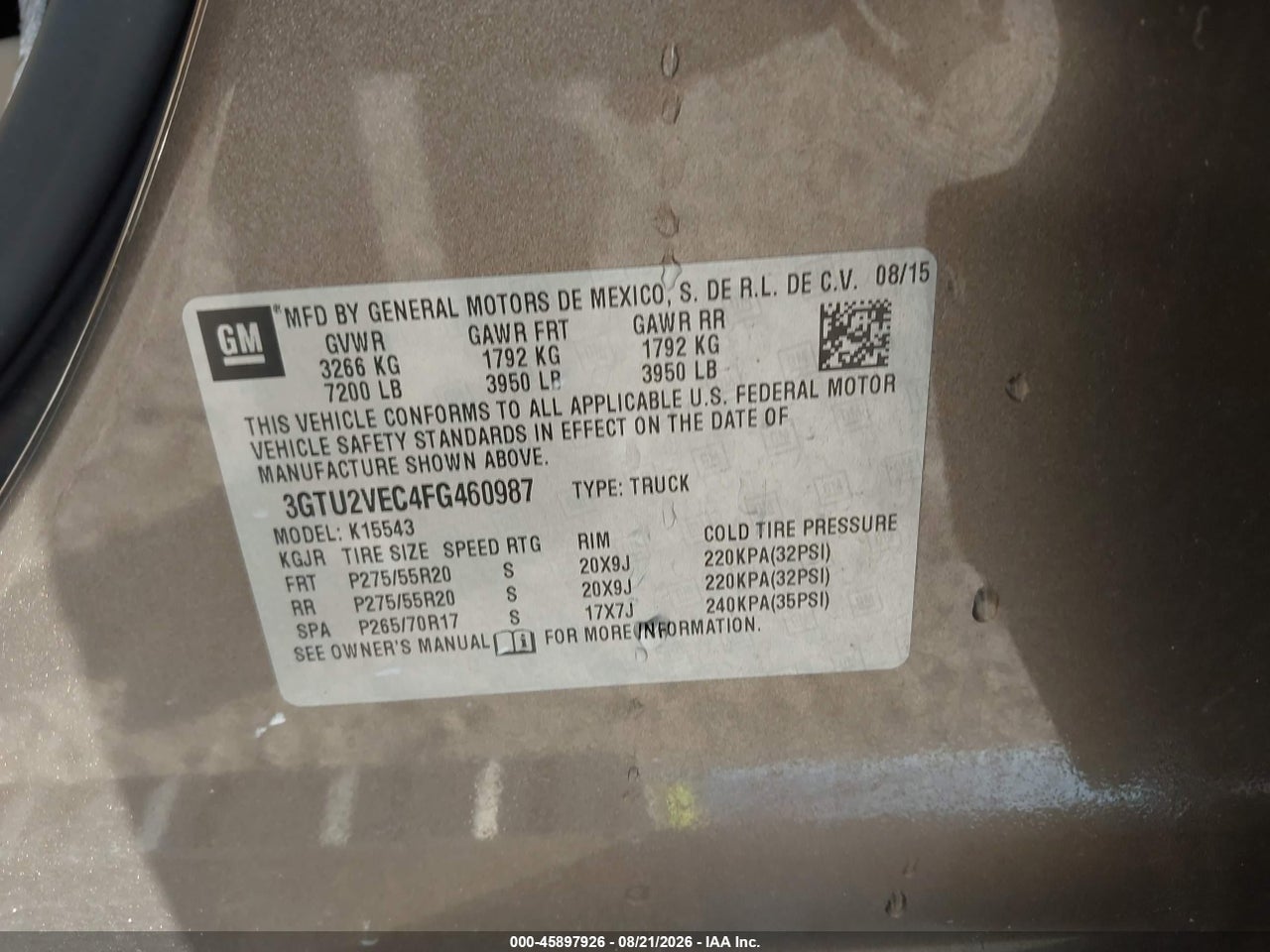 3GTU2VEC4FG****** · 2015 GMC SIERRA 1500 SLT · 9/11