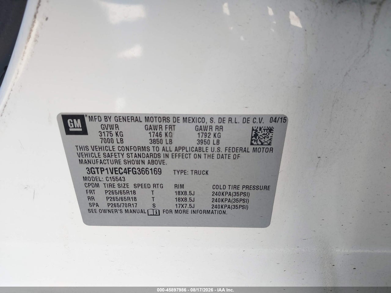 3GTP1VEC4FG****** · 2015 GMC SIERRA 1500 SLT · 9/11