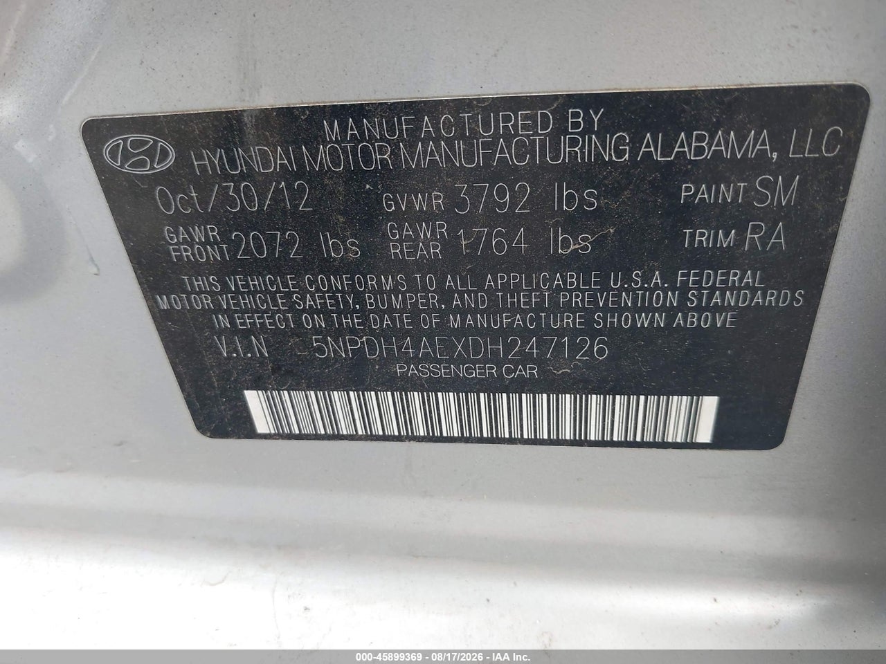 5NPDH4AEXDH****** · 2013 HYUNDAI ELANTRA GLS · 9/11