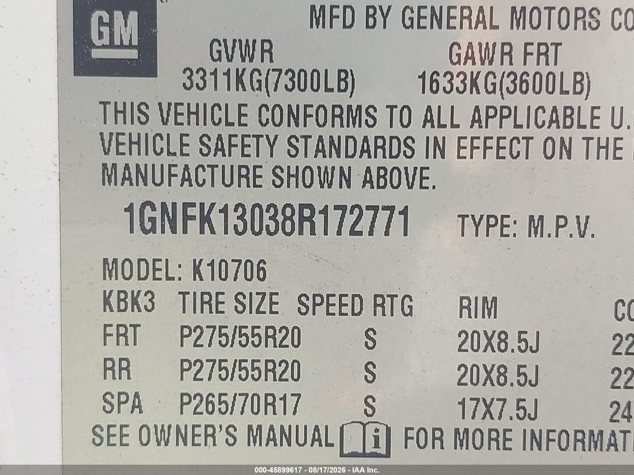 1GNFK13038R****** · 2008 CHEVROLET TAHOE LTZ · 9/11