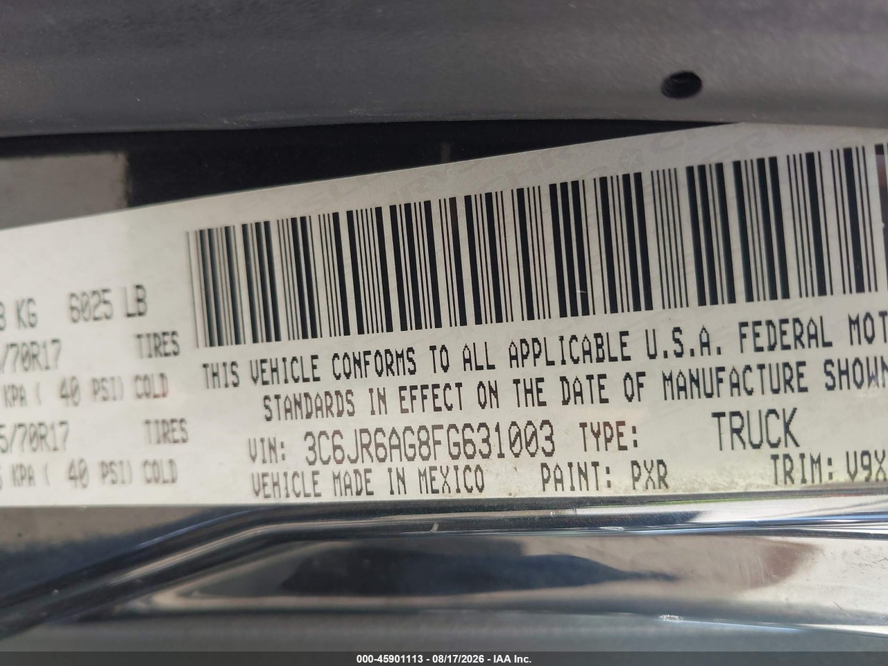3C6JR6AG8FG****** · 2015 RAM 1500 TRADESMAN · 9/11