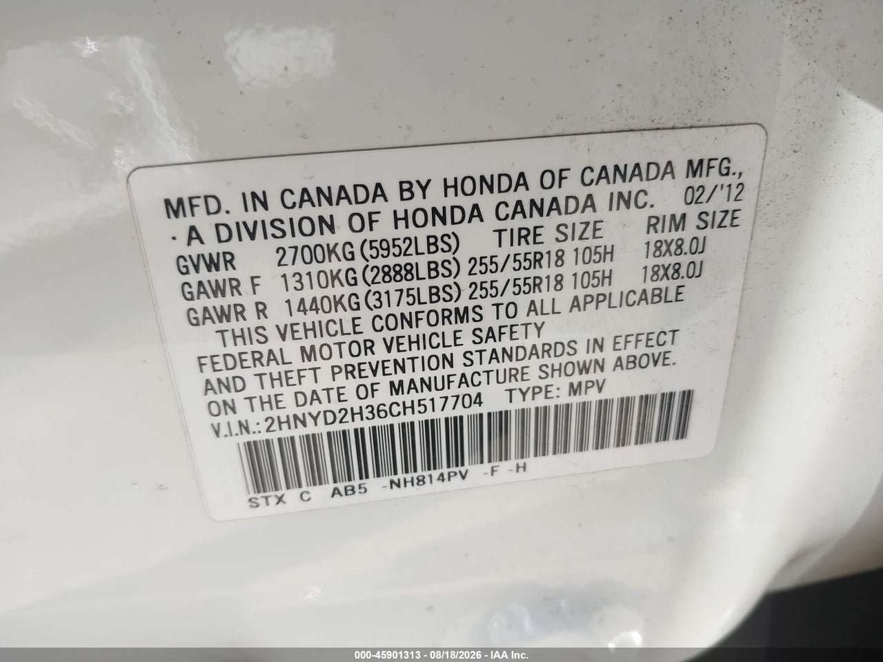 2HNYD2H36CH****** · 2012 ACURA MDX TECHNOLOGY PACKAGE · 9/11