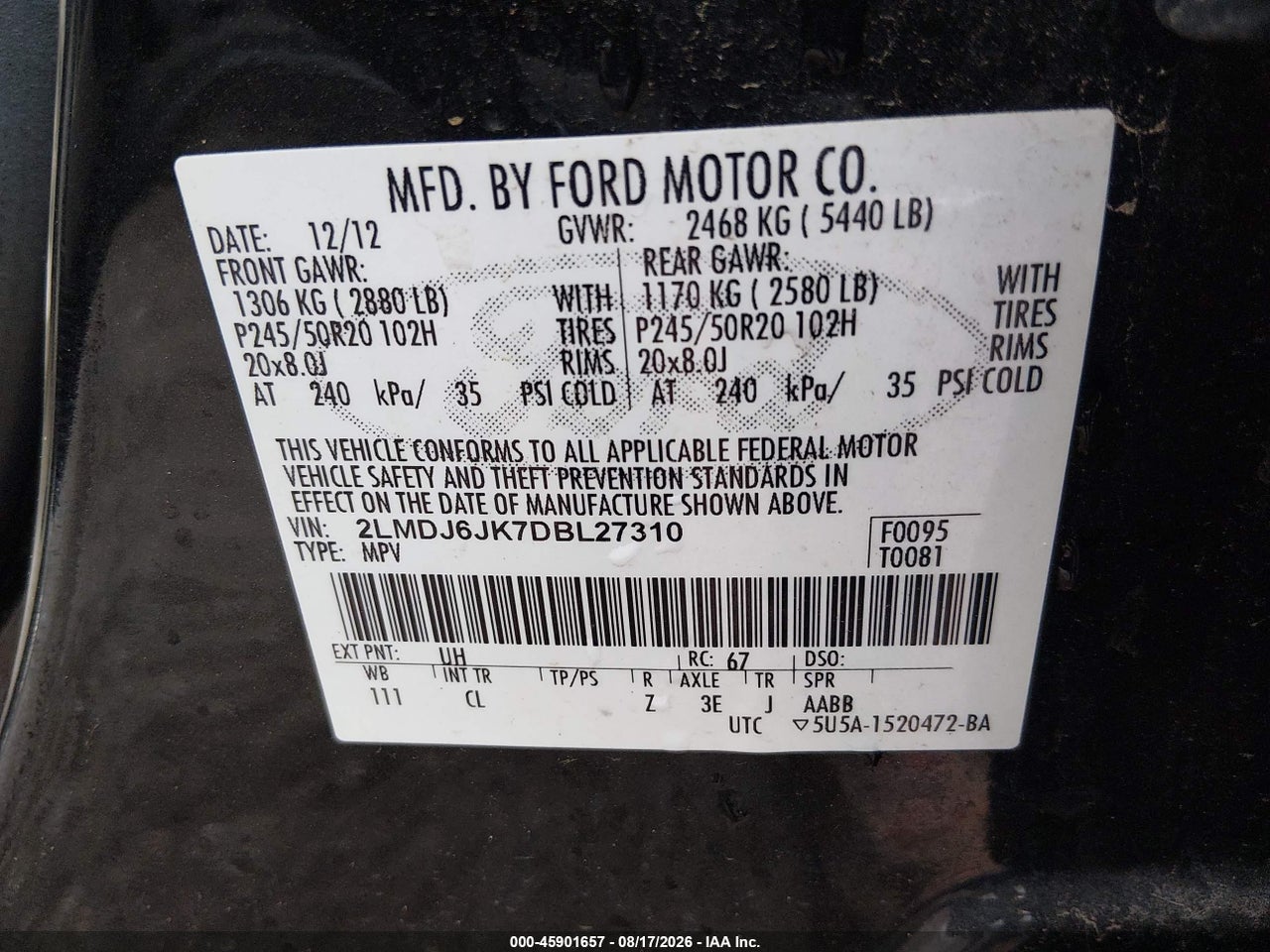 2LMDJ6JK7DB****** · 2013 LINCOLN MKX   · 9/11