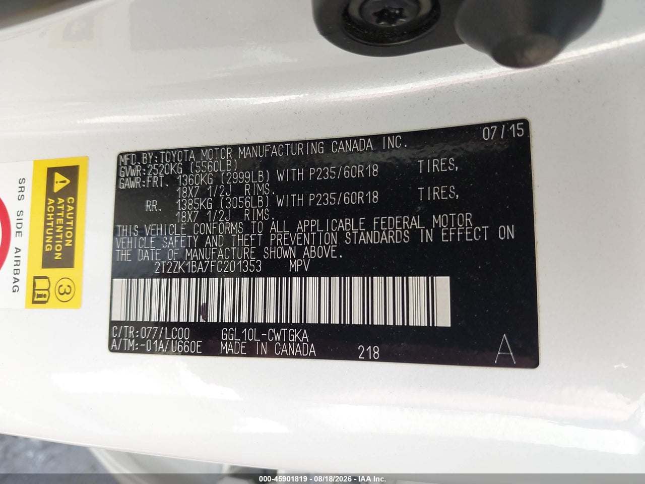 2T2ZK1BA7FC****** · 2015 LEXUS RX 350   · 9/11