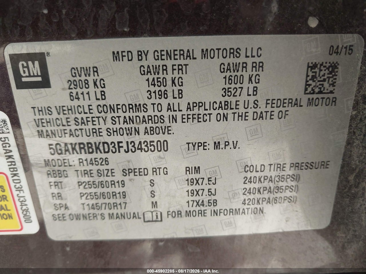 5GAKRBKD3FJ****** · 2015 BUICK ENCLAVE LEATHER · 9/11