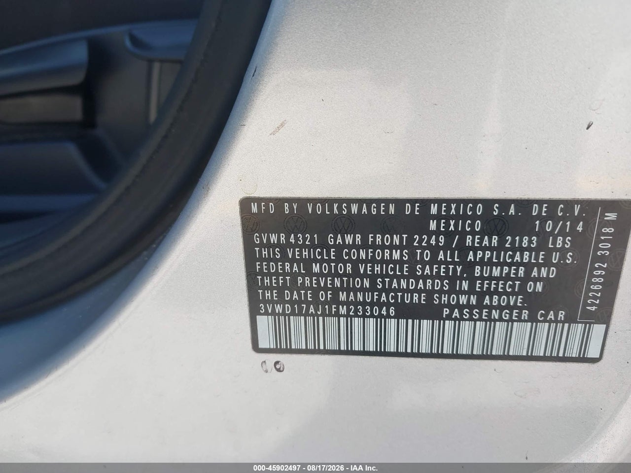 3VWD17AJ1FM****** · 2015 VOLKSWAGEN JETTA 1.8T SE · 9/11