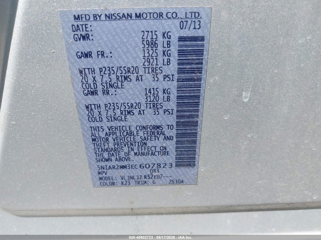 5N1AR2MM3EC****** · 2014 NISSAN PATHFINDER PLATINUM · 9/11
