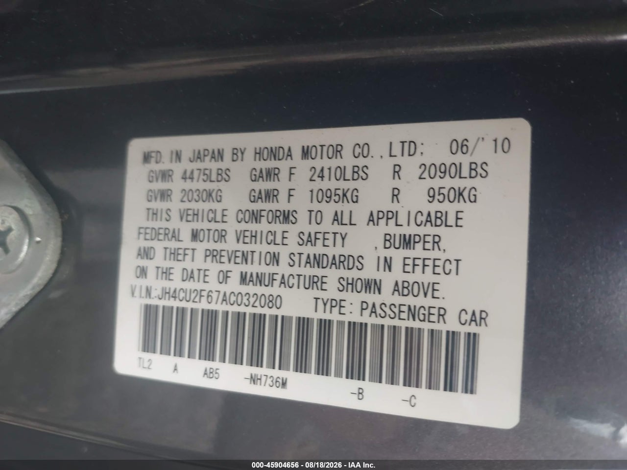 JH4CU2F67AC****** · 2010 ACURA TSX 2.4 · 9/11