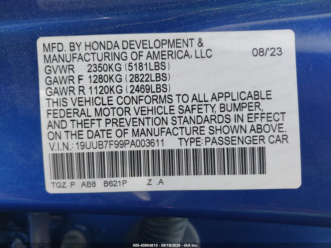 19UUB7F99PA****** · 2023 ACURA TLX TYPE S - HP WHEEL AND TIRE · 9/11