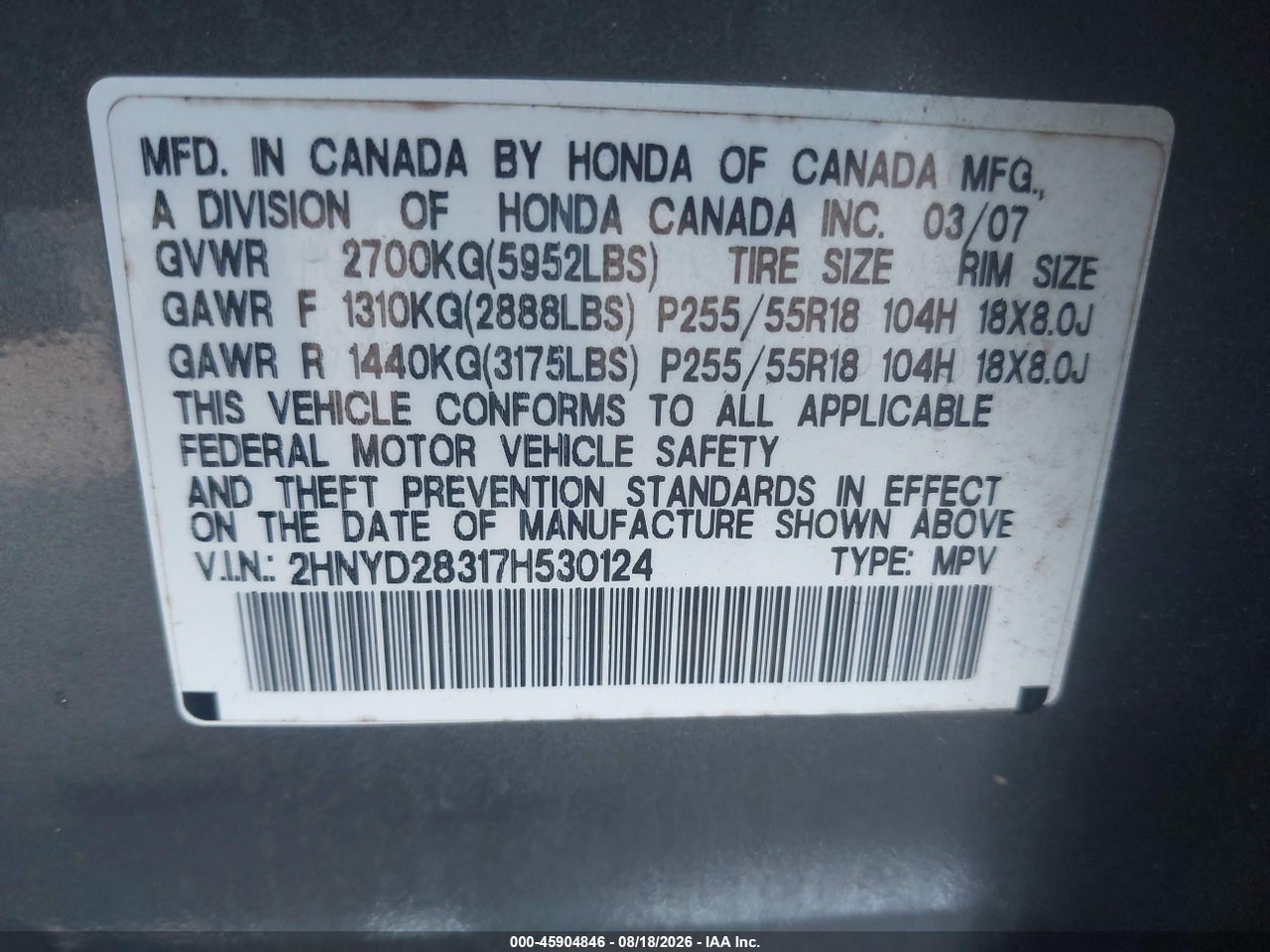 2HNYD28317H****** · 2007 ACURA MDX TECHNOLOGY PACKAGE · 9/11