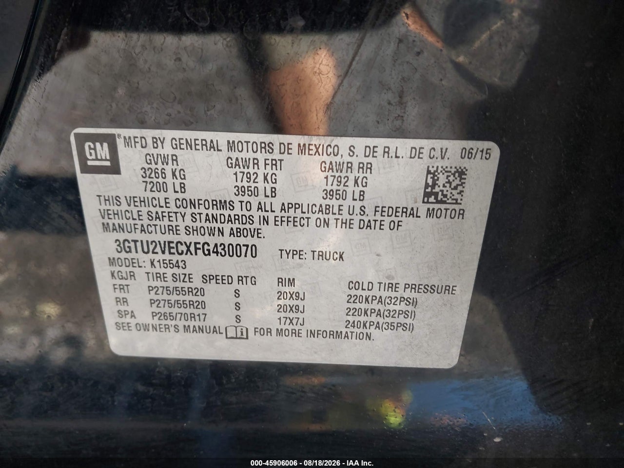 3GTU2VECXFG****** · 2015 GMC SIERRA 1500 SLT · 9/11