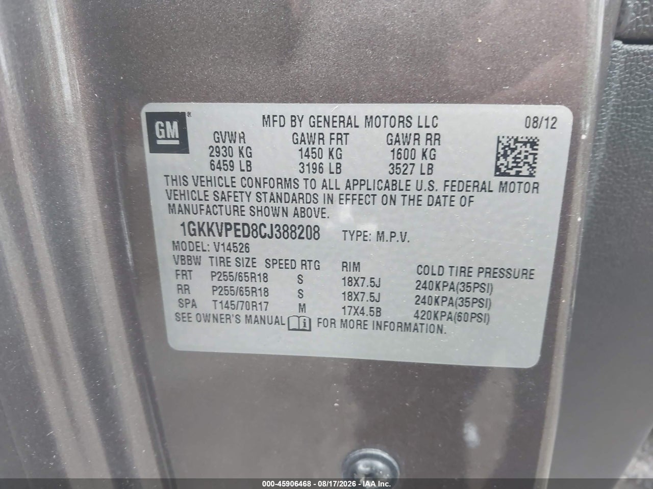 1GKKVPED8CJ****** · 2012 GMC ACADIA SLE · 9/11