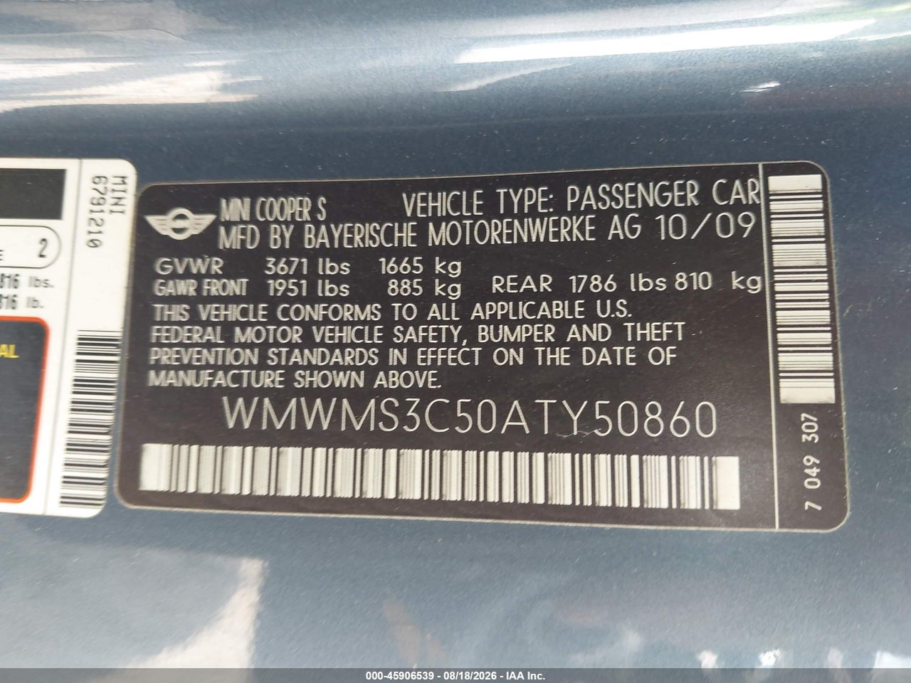WMWMS3C50AT****** · 2010 MINI COOPER S   · 9/11