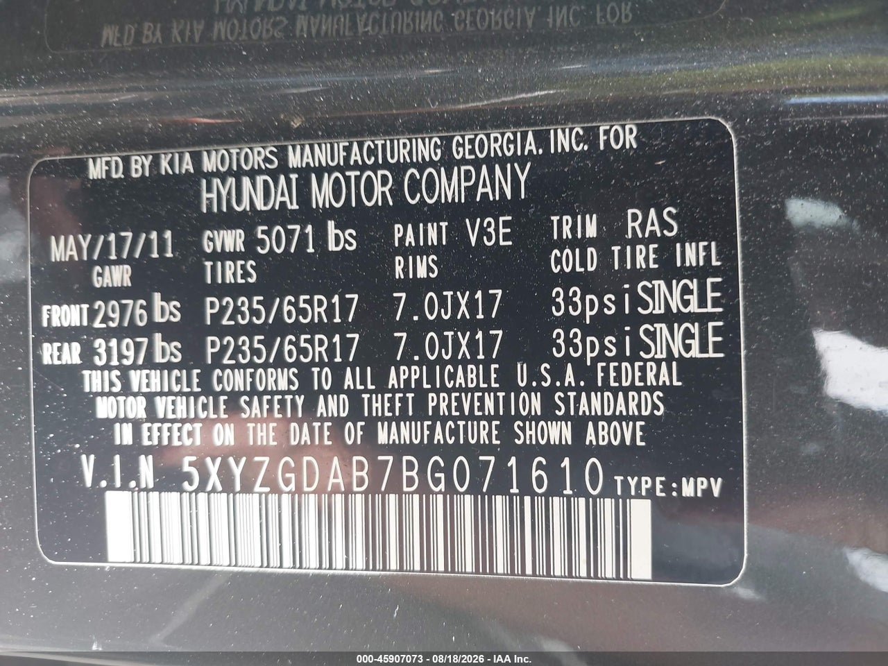 5XYZGDAB7BG****** · 2011 HYUNDAI SANTA FE GLS · 9/11