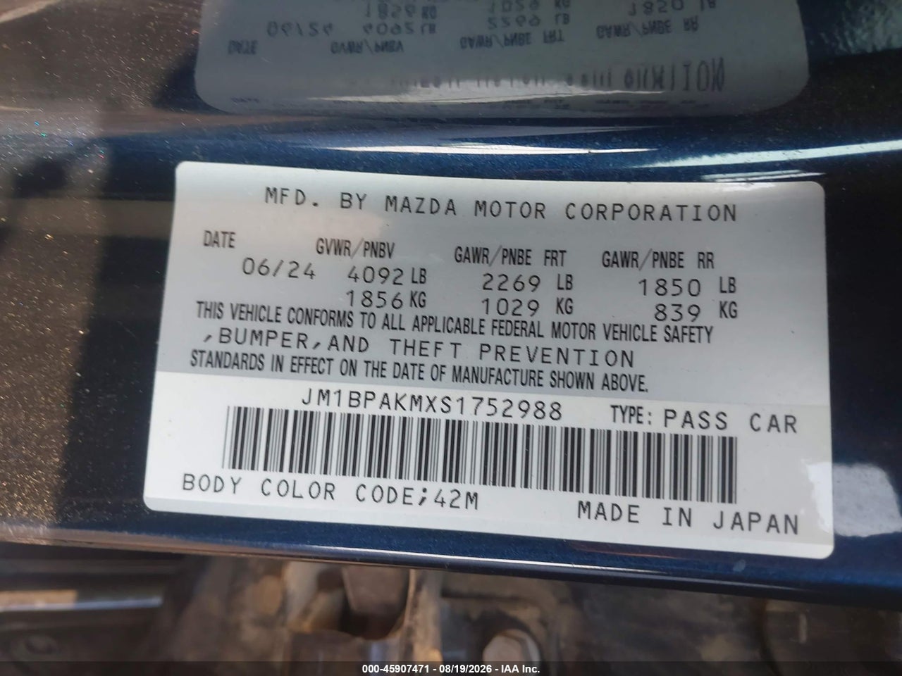 JM1BPAKMXS1****** · 2025 MAZDA MAZDA3 2.5 S SELECT SPORT · 9/11