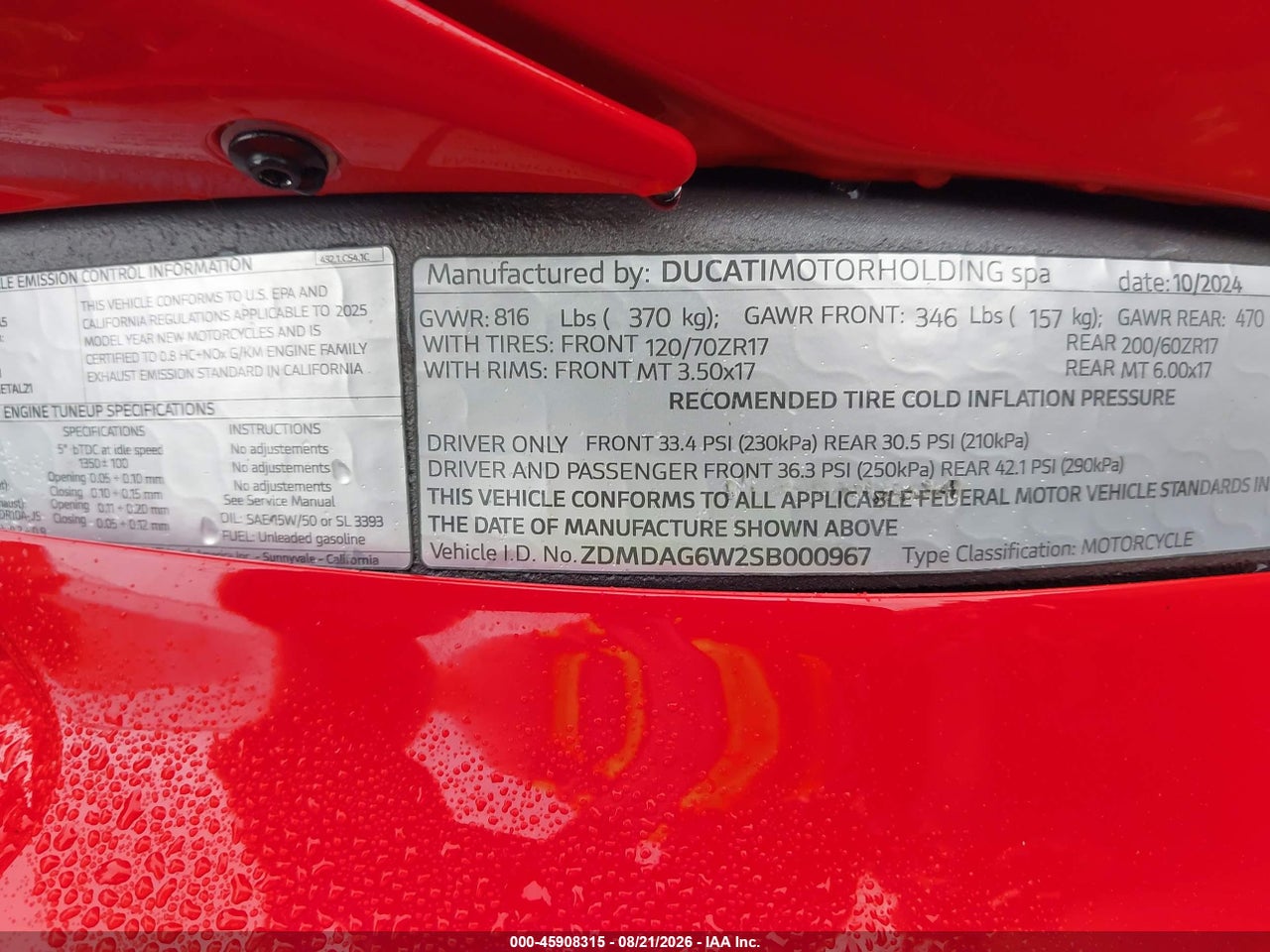 ZDMDAG6W2SB****** · 2025 DUCATI PANIGALE V4/V4S · 10/11