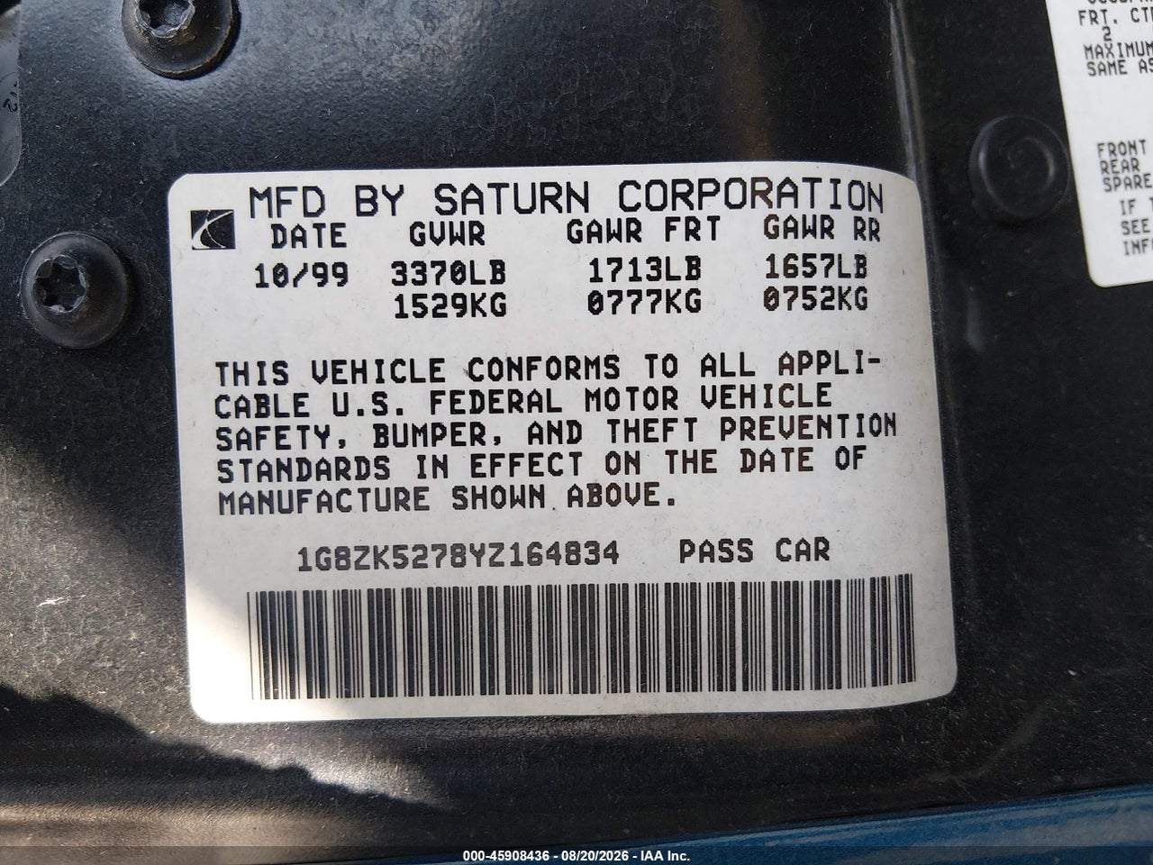 1G8ZK5278YZ****** · 2000 SATURN SL2 · 9/11