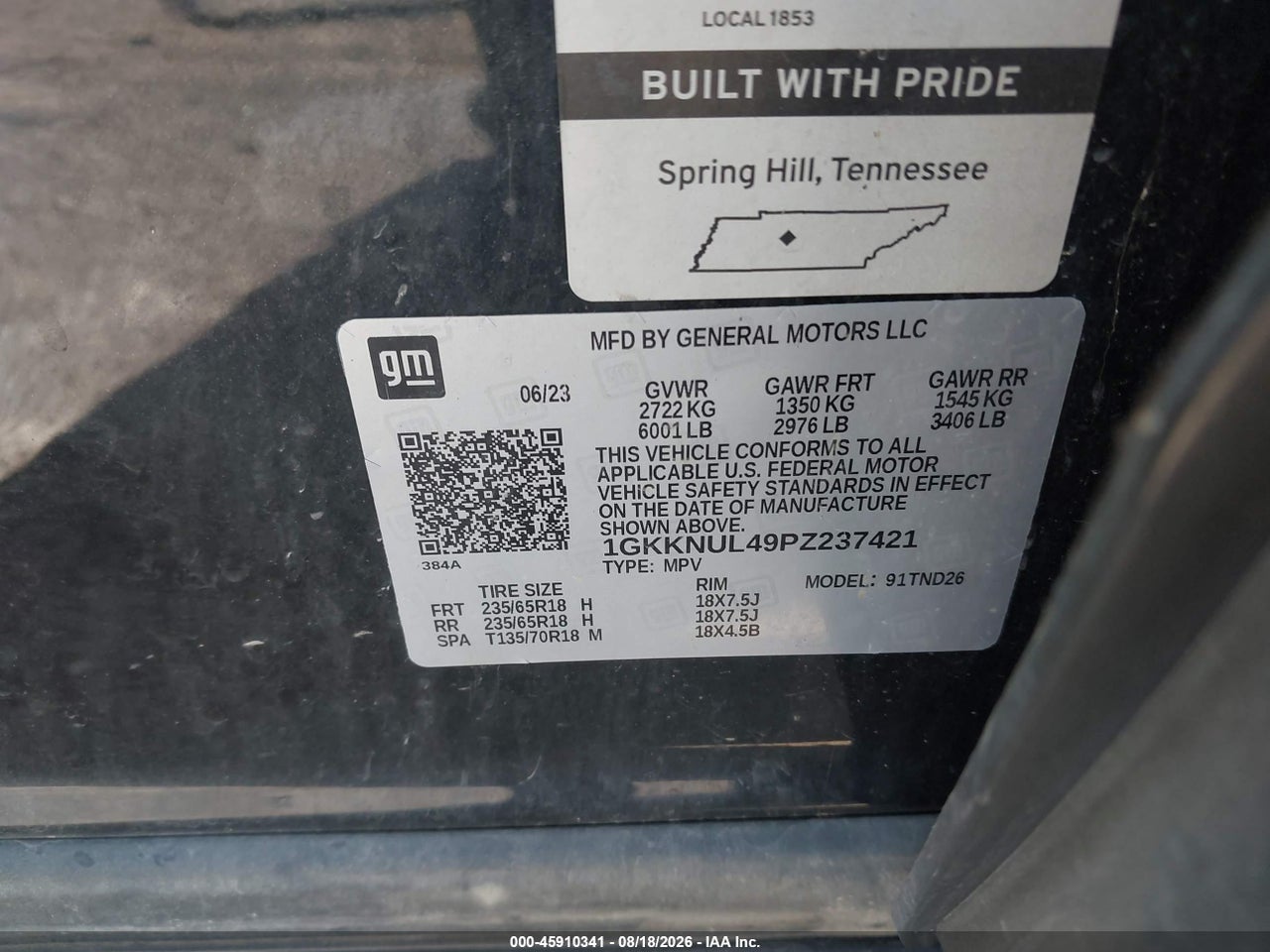 1GKKNUL49PZ****** · 2023 GMC ACADIA AWD SLT · 9/11