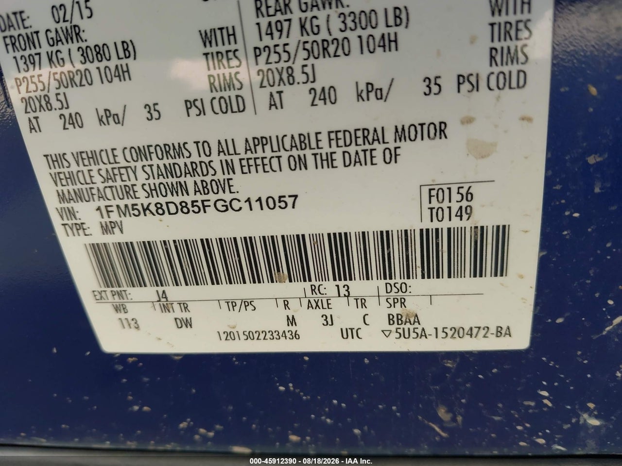 1FM5K8D85FG****** · 2015 FORD EXPLORER XLT · 9/11