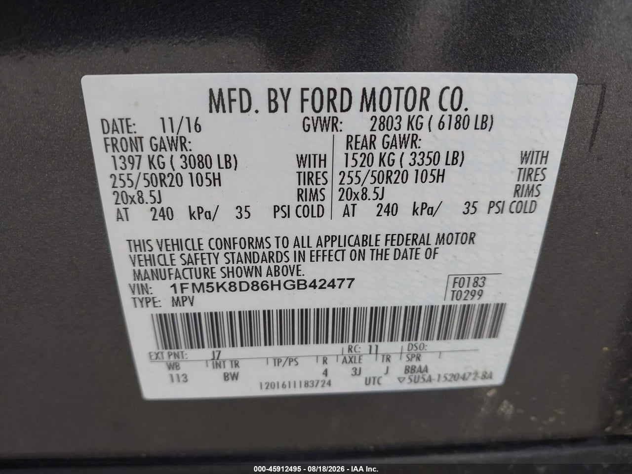 1FM5K8D86HG****** · 2017 FORD EXPLORER XLT · 9/11