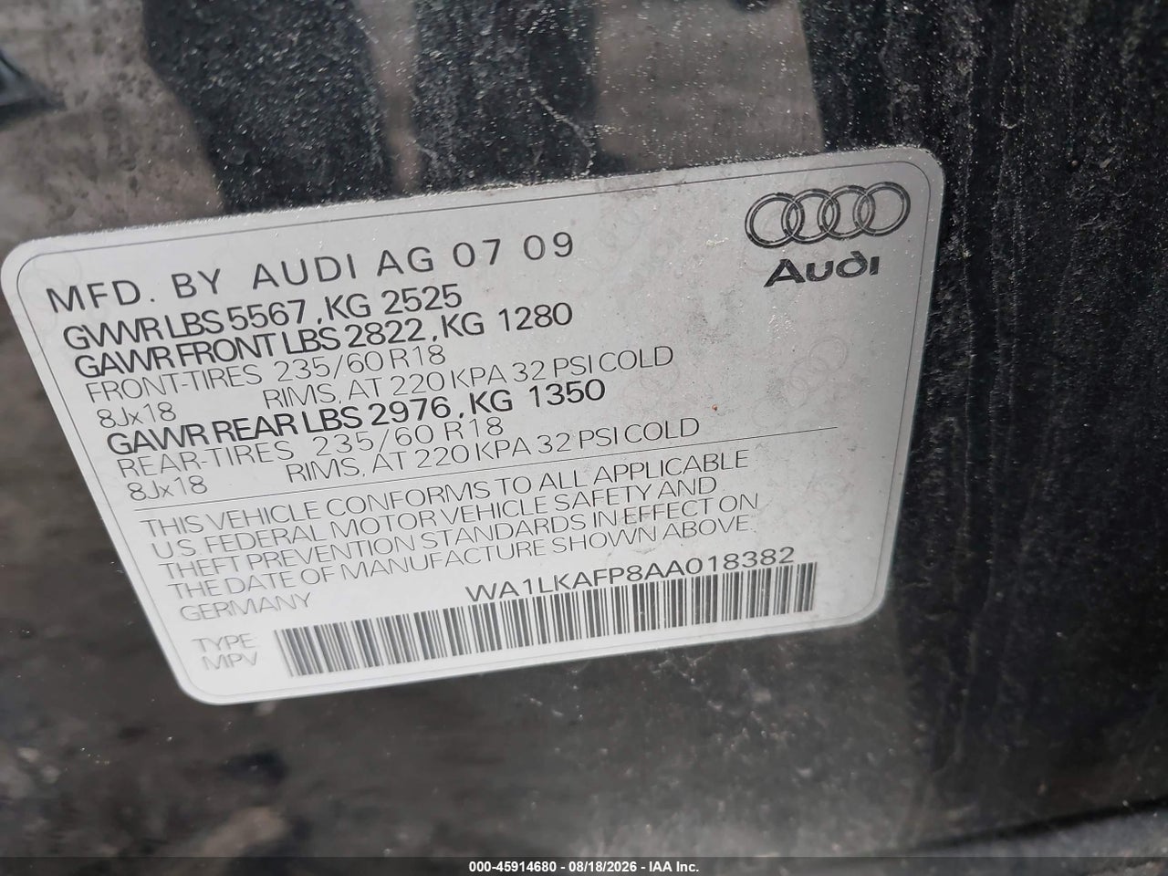 WA1LKAFP8AA****** · 2010 AUDI Q5 3.2 PREMIUM · 9/11