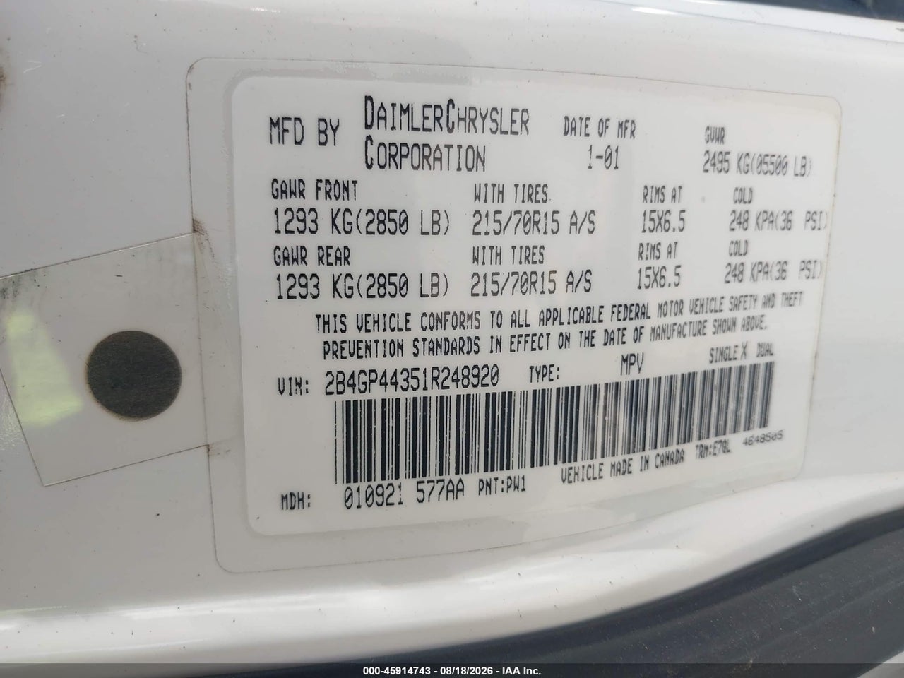 2B4GP44351R****** · 2001 DODGE GRAND CARAVAN SPORT · 9/11