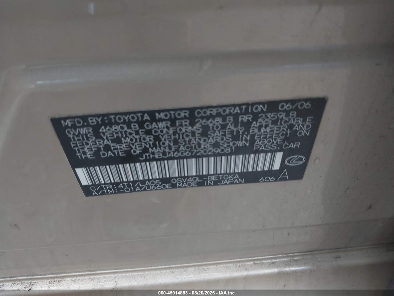 JTHBJ46G672****** · 2007 LEXUS ES 350   · 9/11