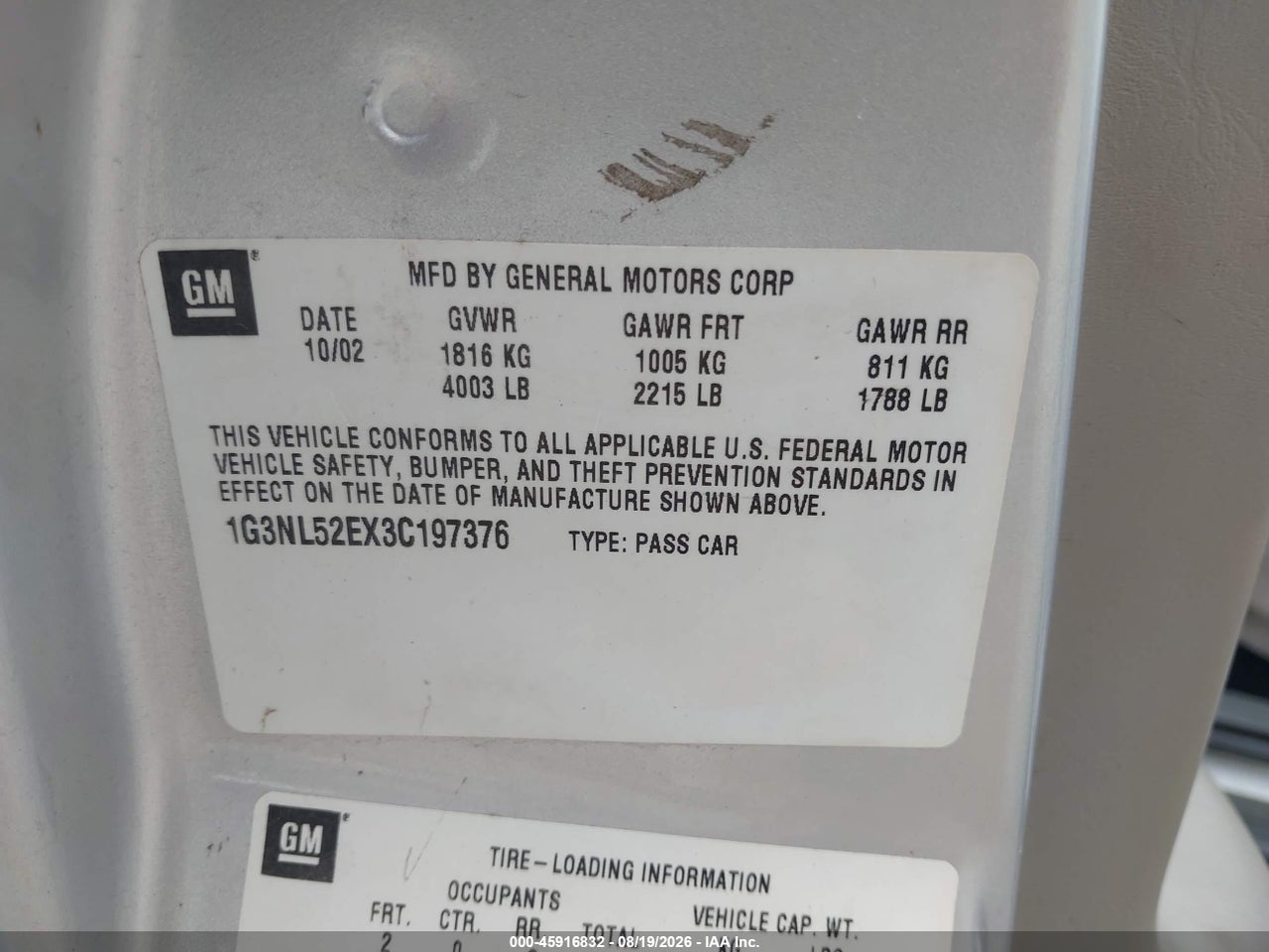 1G3NL52EX3C****** · 2003 OLDSMOBILE ALERO GL1 · 9/11
