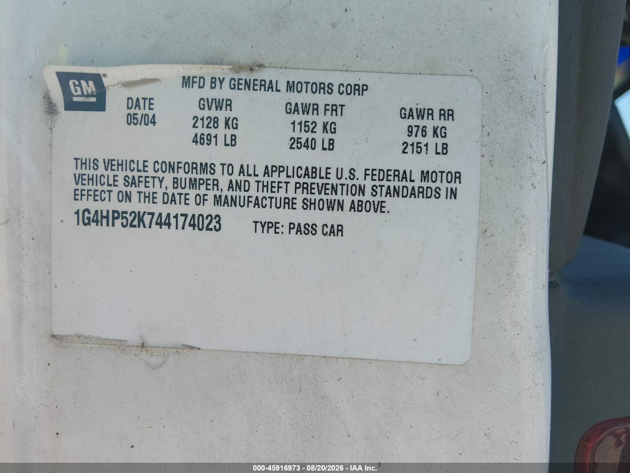1G4HP52K744****** · 2004 BUICK LESABRE CUSTOM · 9/11