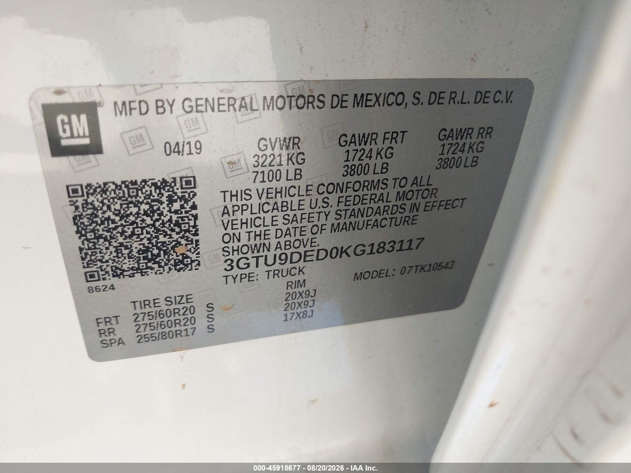 3GTU9DED0KG****** · 2019 GMC SIERRA 1500 SLT · 9/11
