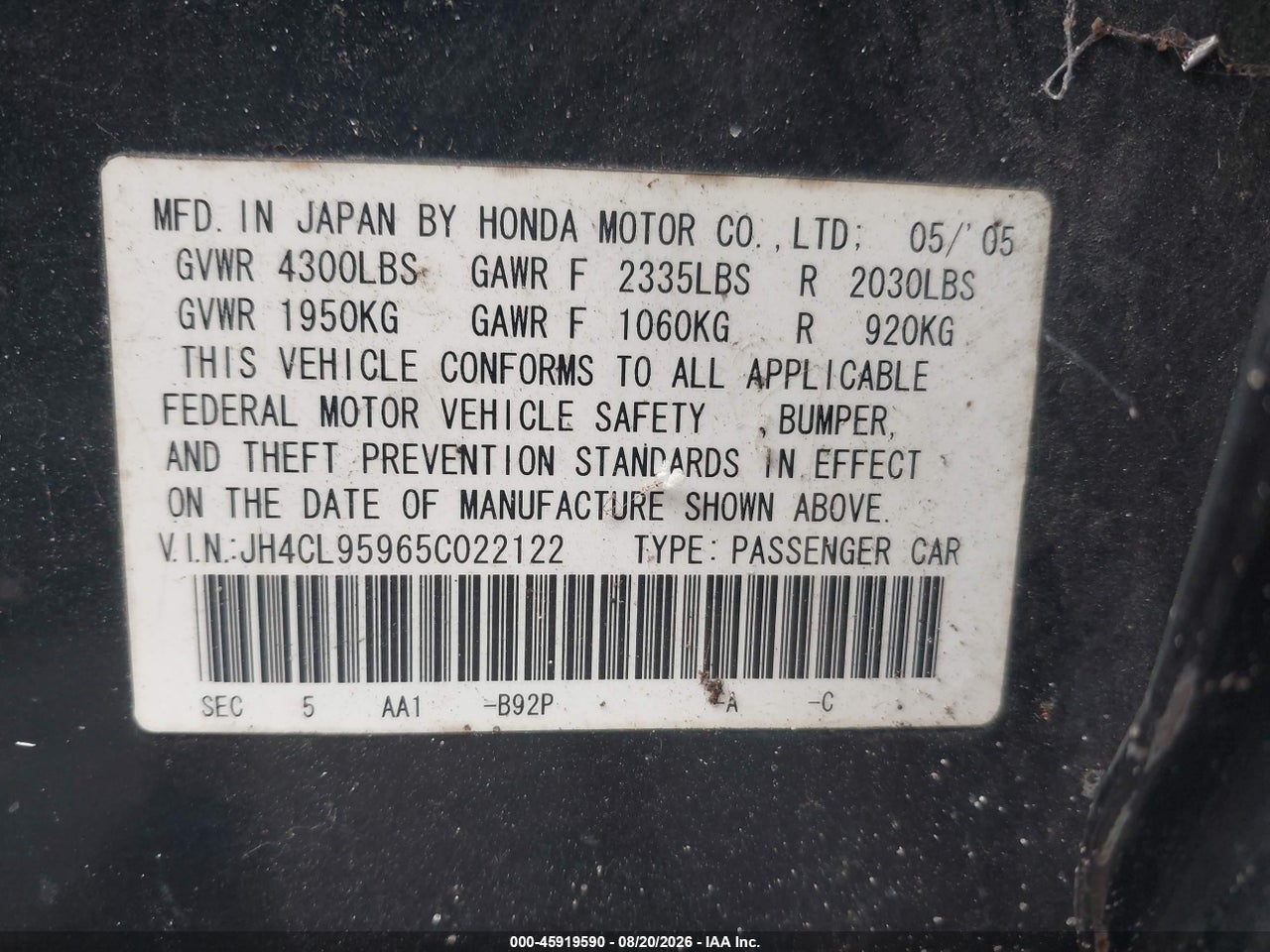JH4CL95965C****** · 2005 ACURA TSX · 9/11