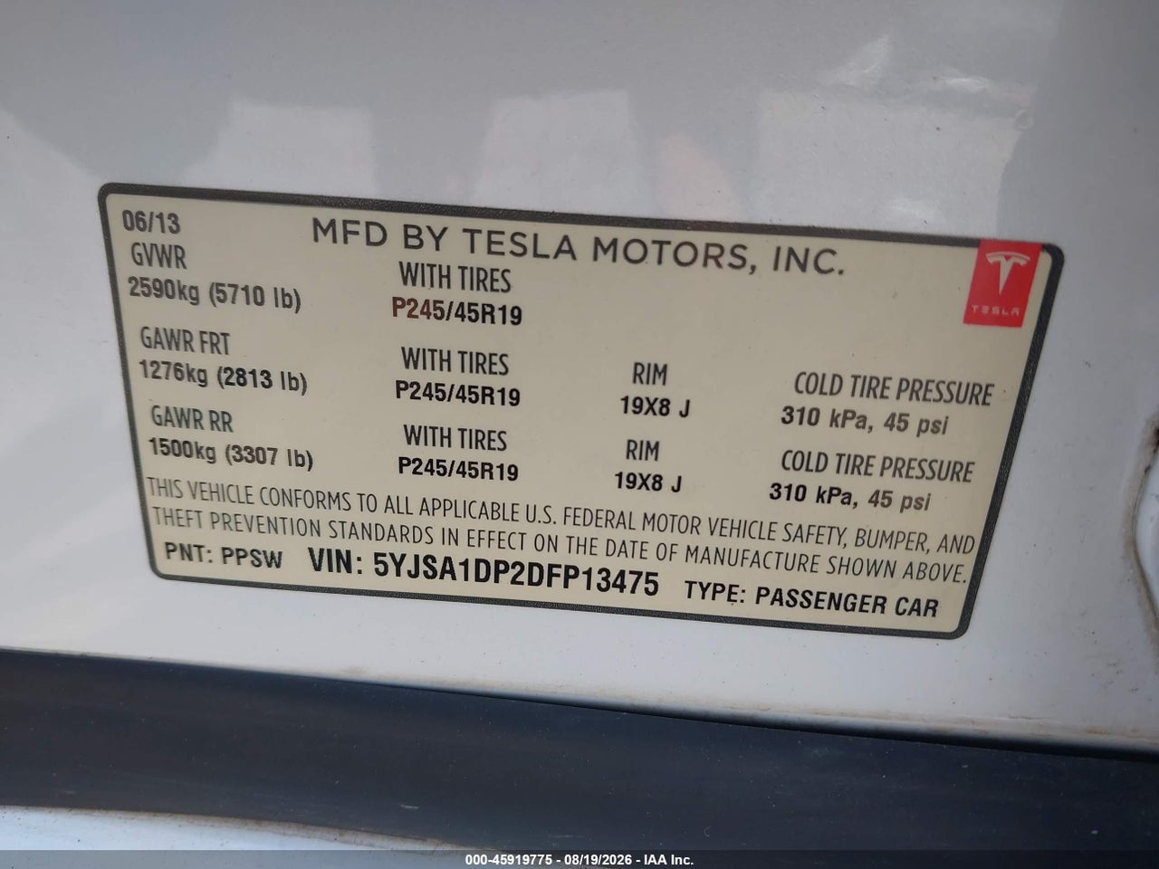 5YJSA1DP2DF****** · 2013 TESLA MODEL S PERFORMANCE · 9/11
