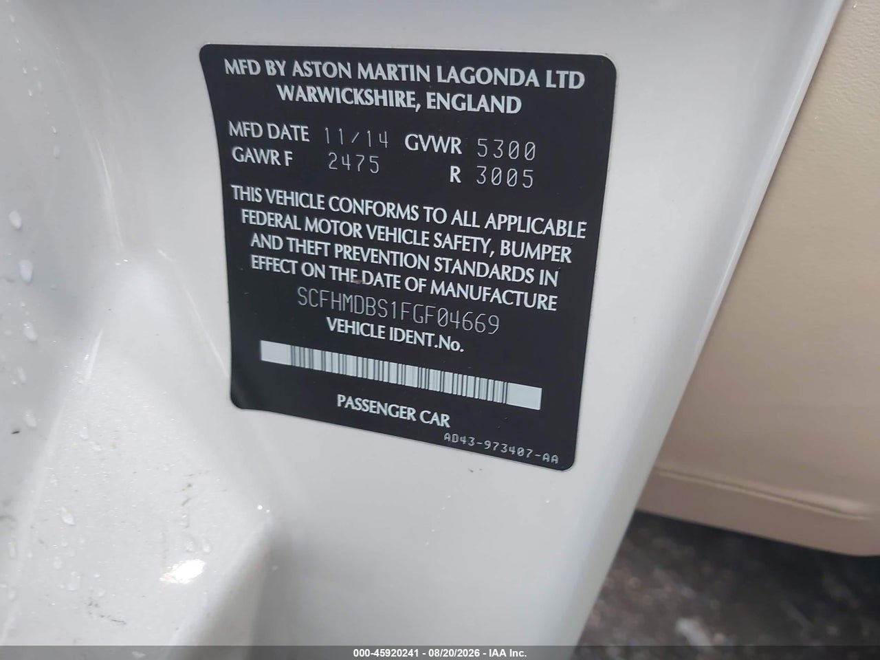 SCFHMDBS1FG****** · 2015 ASTON MARTIN RAPIDE S   · 9/11