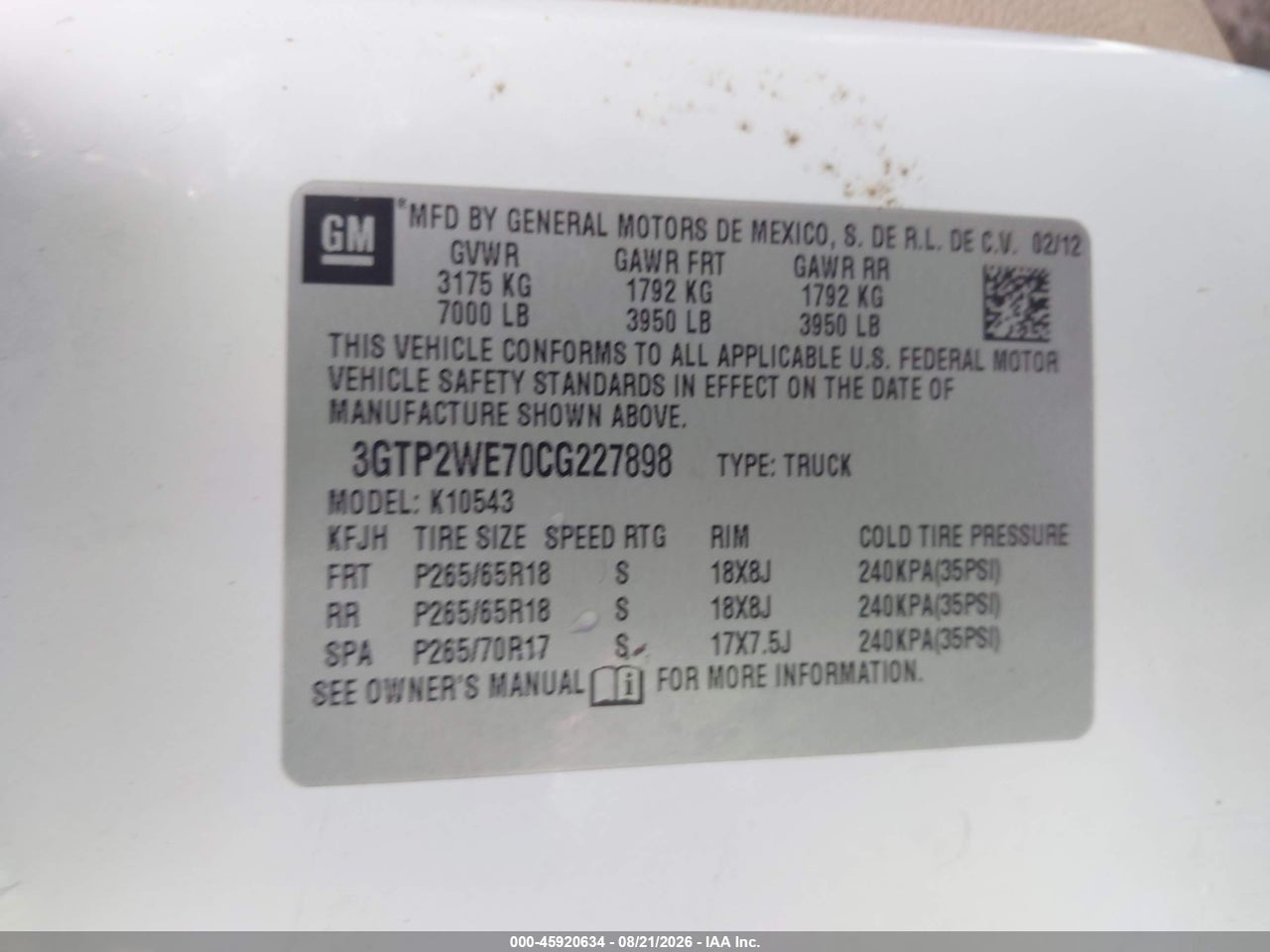 3GTP2WE70CG****** · 2012 GMC SIERRA 1500 SLT · 9/11