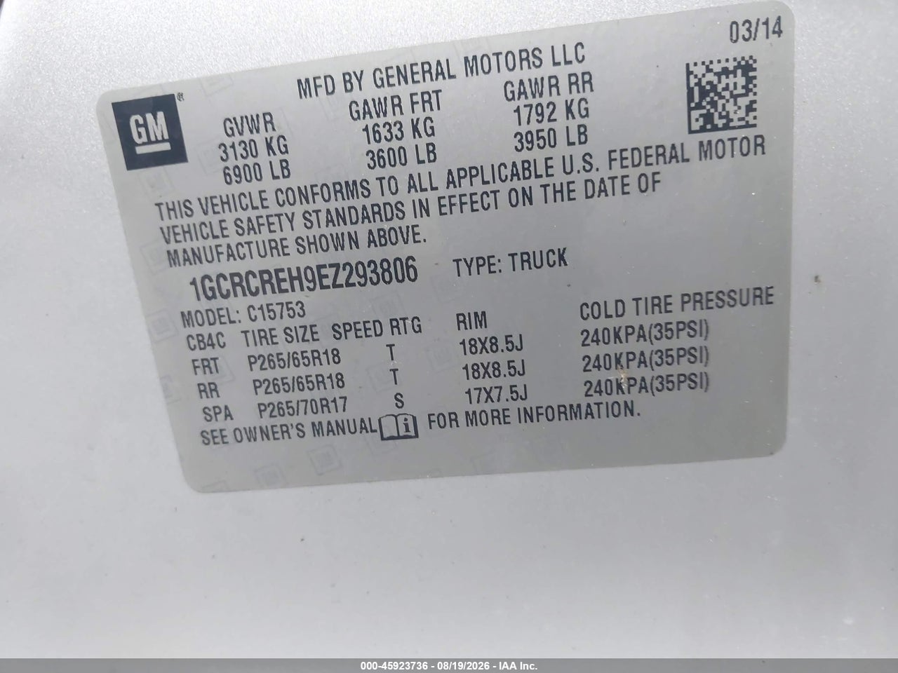 1GCRCREH9EZ****** · 2014 CHEVROLET SILVERADO 1500 LT · 9/11