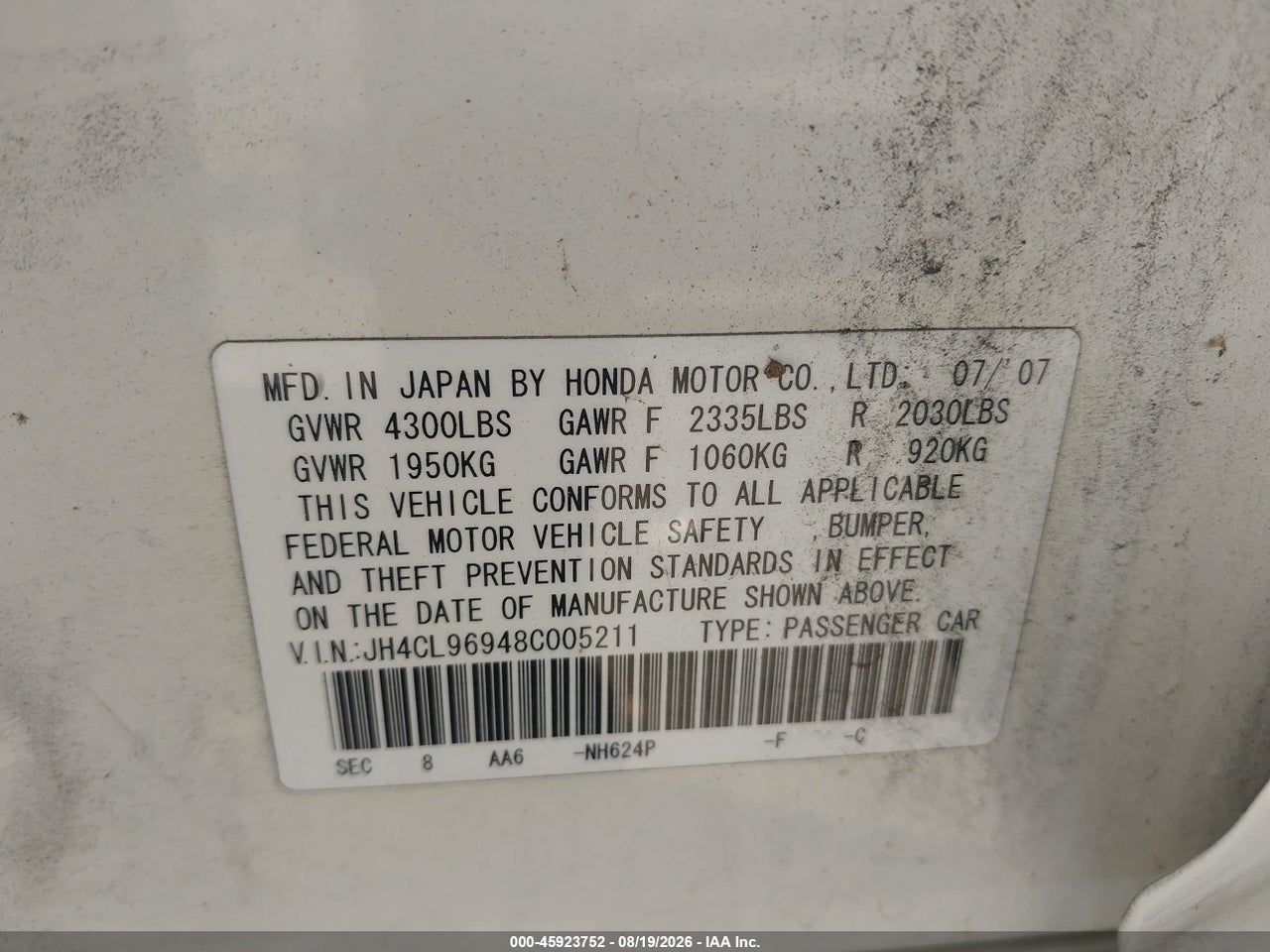 JH4CL96948C****** · 2008 ACURA TSX · 9/11