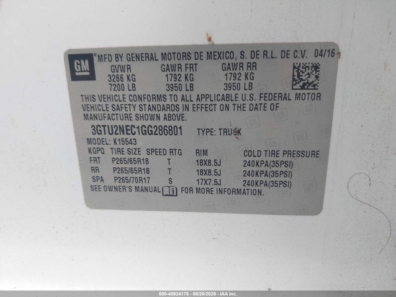 3GTU2NEC1GG****** · 2016 GMC SIERRA 1500 SLT · 9/10
