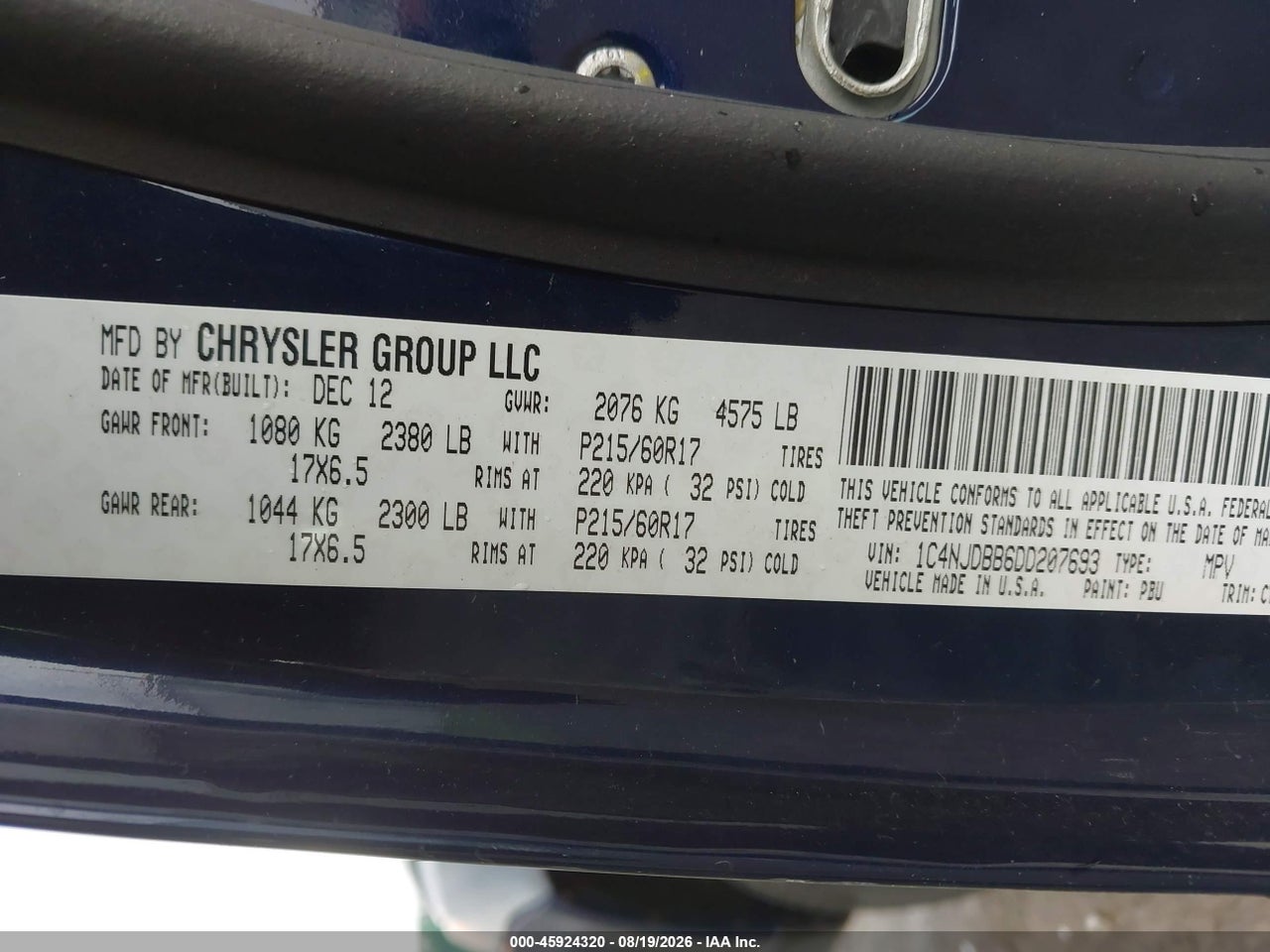 1C4NJDBB6DD****** · 2013 JEEP COMPASS SPORT · 9/11
