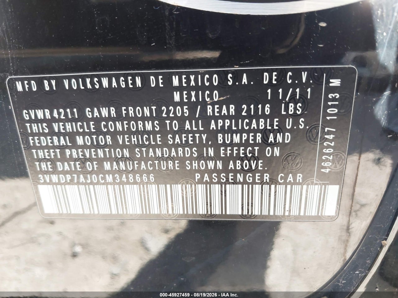 3VWDP7AJ0CM****** · 2012 VOLKSWAGEN JETTA 2.5L SE · 9/11